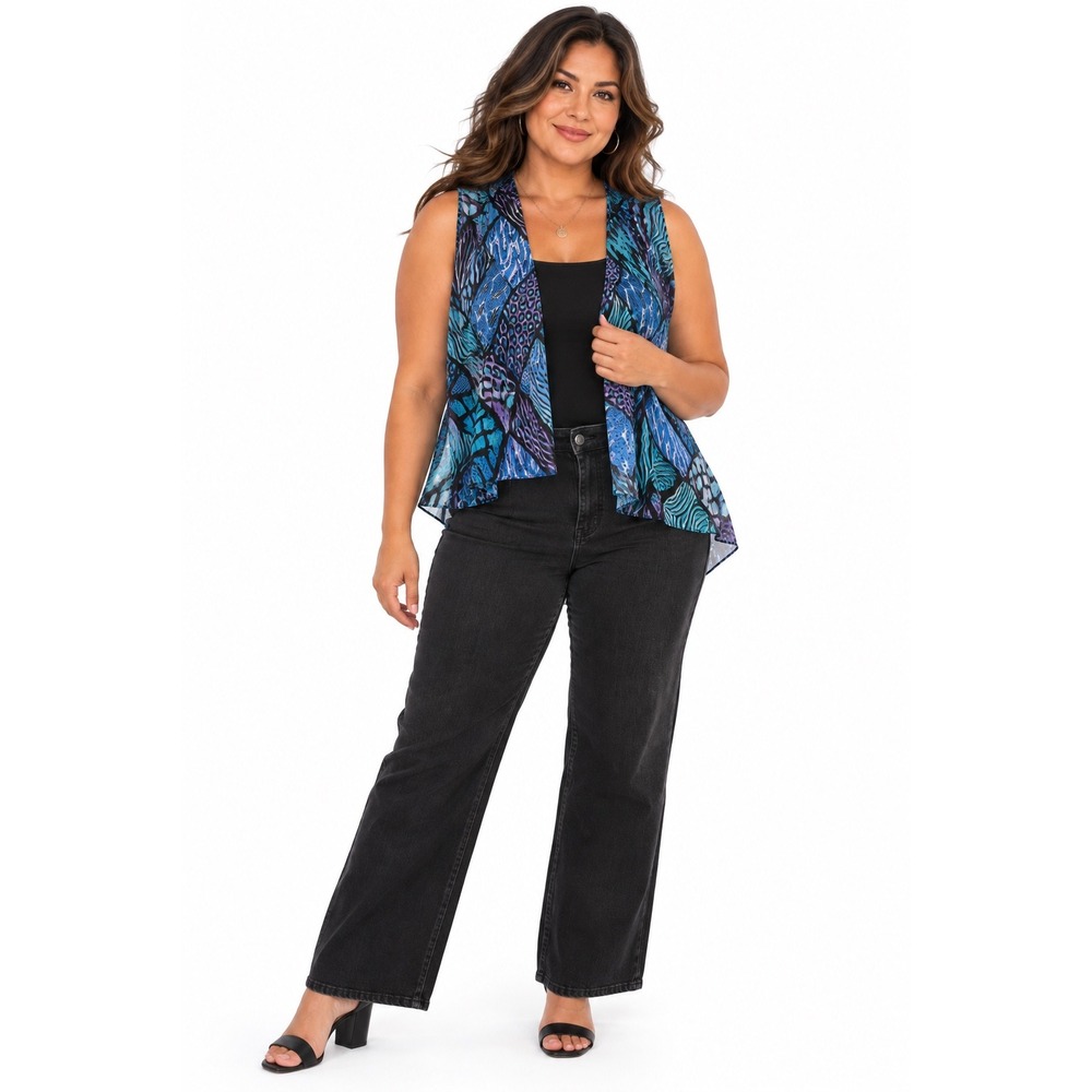 Bob Mackie Wearable Art Womens Large Blue Purple Animal Print Open Front Vest